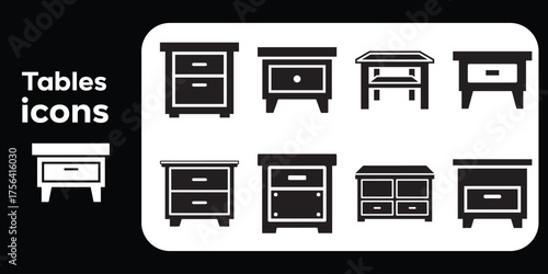 Vector icon set of nightstand and bedside table silhouettes. Black minimalist symbols of bedroom furniture and storage cabinets for interior design.