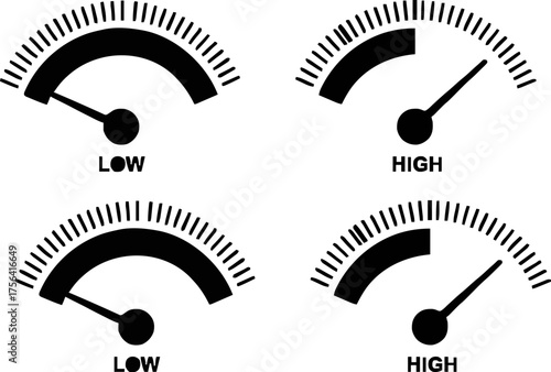 Set of four black and white gauge icons showing low and high readings on a white background