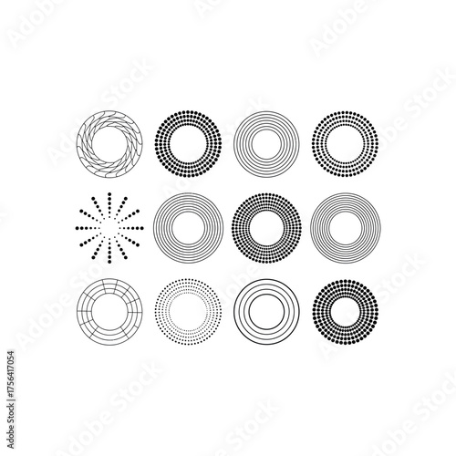 Twelve abstract black and white circular graphic elements circle