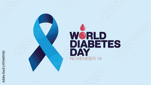 Vector art of world diabetes day blue ribbon symbol with text and blood drop illustration