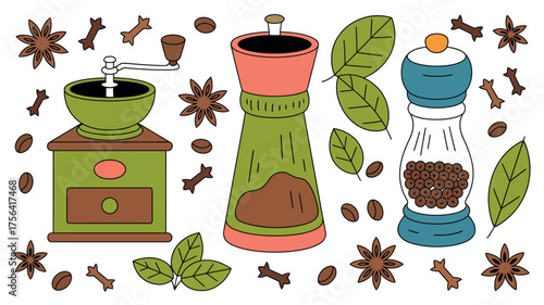 Illustration of various spices and spice grinders