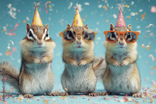 Three cute chipmunks celebrate a party wearing party hats and sunglasses amidst confetti