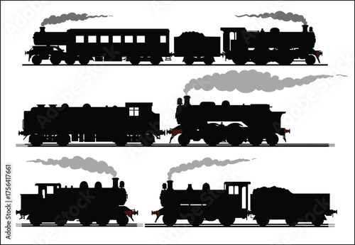 Vintage steam locomotive silhouettes, black train icons, retro railway transport, historical engine collection, smoke chimney trains, antique rail vehicle set