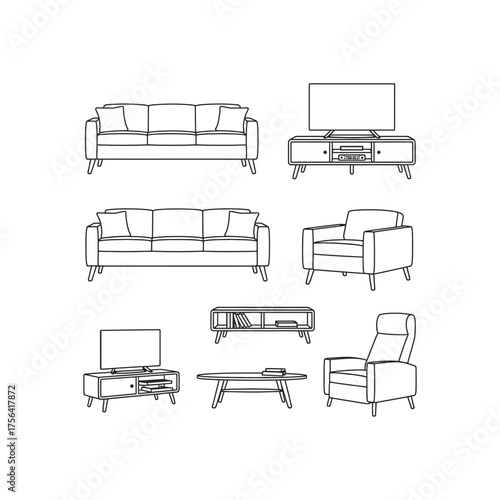 Line art living room furniture set with sofas chairs and tv stands armchair recliner