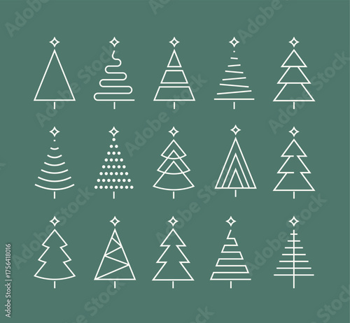 set of green christmas tree line flat icon element, abstract geometric winter pattern, icons editable stroke, trees symbol for new year, Christmas design cards, poster, banner vector Xmas	