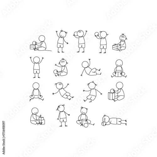 Collection of simple line drawings of stick figures playing with boxes and balls line art black and white