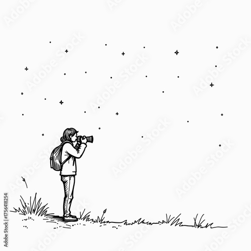 Person photographing stars in night sky surrounded by grass  