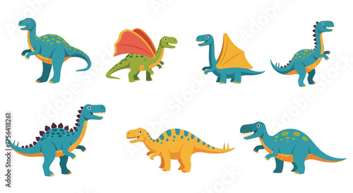Cartoon dinosaurs are arranged in two rows showcasing different species and colors against a plain white background
