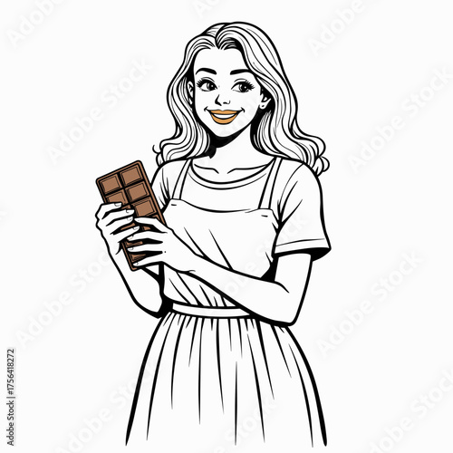 Young woman holding a chocolate bar and smiling happily indoors  