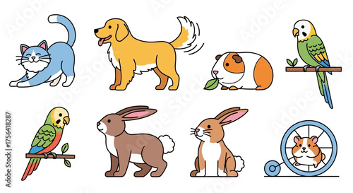 Cartoon drawing of pets including a cat dog guinea pig parrot rabbits and a hamster on a wheel