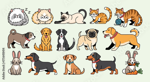 Cartoon illustration featuring an assortment of cats dogs and rabbits