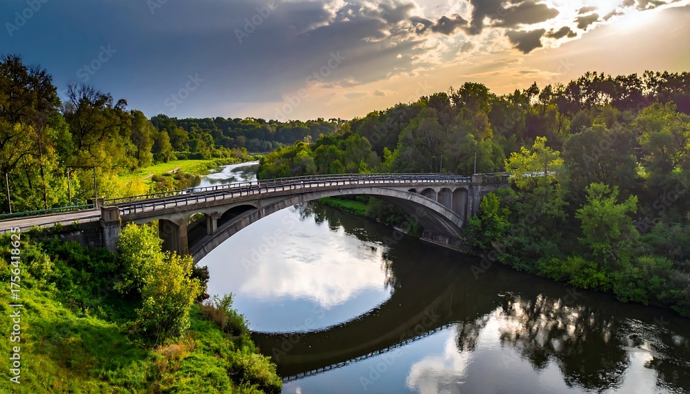 Obraz premium Stone bridge spans river under cloudy sky during golden hour