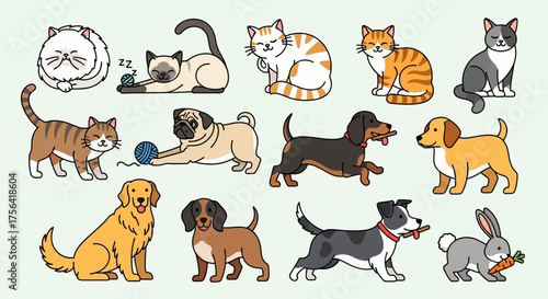 Cartoon pets including cats dogs and a rabbit are depicted with a playful style on a pale green background