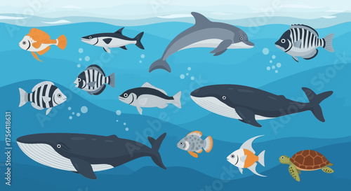 Cartoon sea scene featuring fish a dolphin whales and a sea turtle in blue water