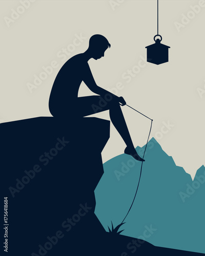 A silhouette of a person sitting at the edge of a cliff with an invisible weight labeled Emotional Baggage tied to their ankle keeping them from moving forward.. Vector illustration