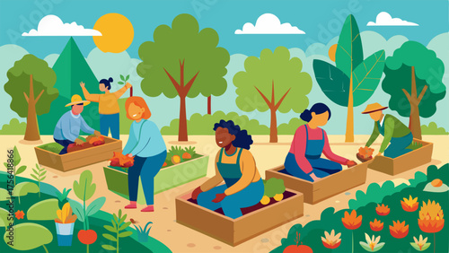 A community garden with raised beds and a group of volunteers working together