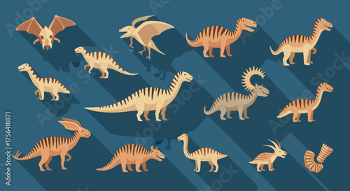 Collection of stylized dinosaurs varied sizesshapes flat design on a dark blue background with long shadows