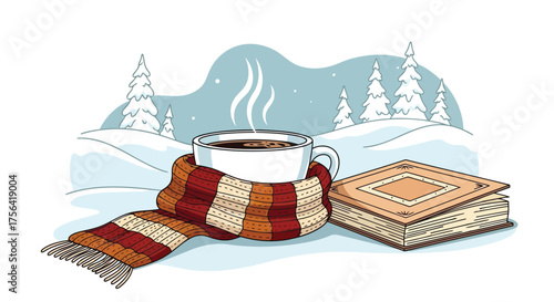 Vector illustration of cozy cup of hot coffee or tea wrapped in a scarf next to a book in a snowy winter landscape