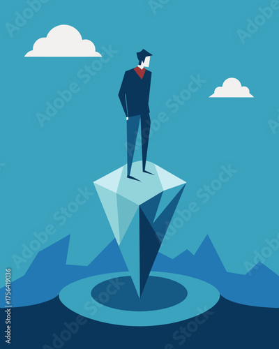 A person stands on an iceberg their facade of calm ly concealing the tumultuous feelings below.. Vector illustration