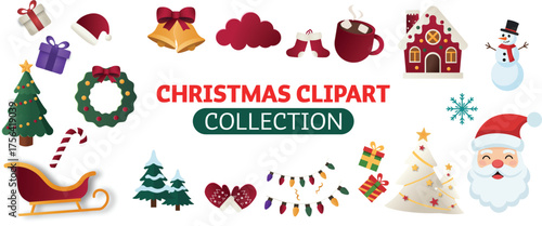 Cute Christmas cartoon clipart collection with santa, gift boxes, wreath, trees, gingerbread house, sled, mittens, hot chocolate, snowman, candy cane and holiday lights on white background party decor