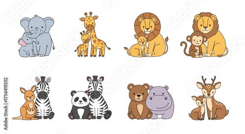 Eight cartoon pairs of animal parents with babies are arranged in rows