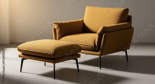 Wallpaper Mural A mustard yellow armchair with a matching ottoman on slim black legs sits in a softly lit room. The modern design conveys comfort and elegance. Torontodigital.ca