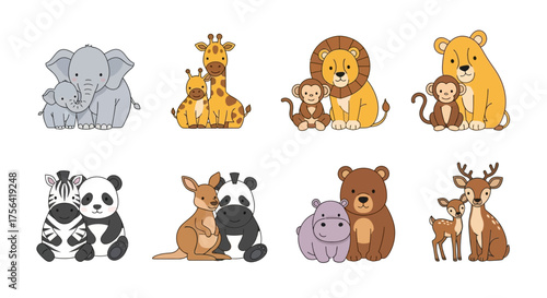 Eight pairs of cartoon animals are depicted in two rows