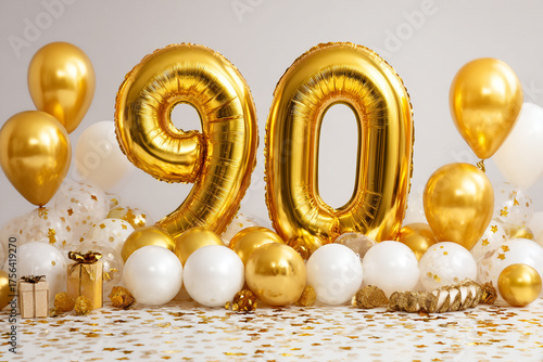 Ninety golden balloons gifts confetti celebrate a milestone birthday