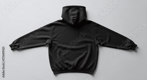 Black hooded sweatshirt laid flat, showcasing its casual and comfortable design