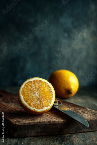 Sliced Yellow Lemon on Rustic Wooden Cutting Board