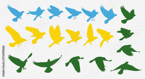 Illustration of stylized birds in flight arranged in rows and colored blue yellow and green against a plain background