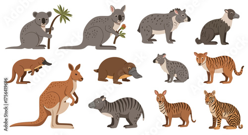 Illustration of various Australian fauna including koalas kangaroos platypuses and thylacines on a plain background