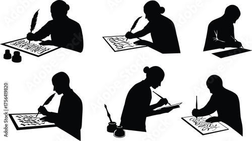 Silhouette of people writing with quill pen and ink, vintage calligraphy art, handwriting illustration collection, creative writing concept
