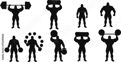 Silhouette of strong bodybuilder lifting heavy weights, gym workout poses, powerlifting and fitness strength training vector illustration collection