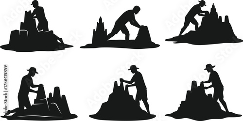 Silhouette of people building sandcastles on beach, summer vacation fun activity, creating sand sculptures under sunlight by the sea