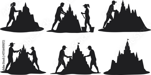 Silhouette of people building large sandcastles on beach, summer holiday fun, teamwork creating sand sculptures under bright sunlight