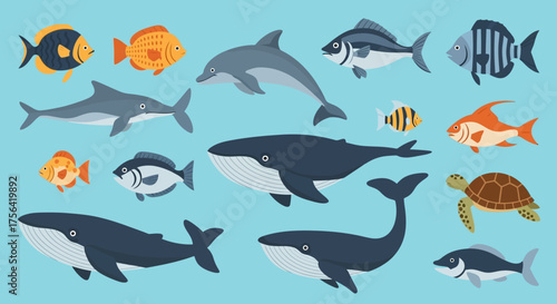 Marine life floats on a light blue background including fish whales dolphins and a sea turtle