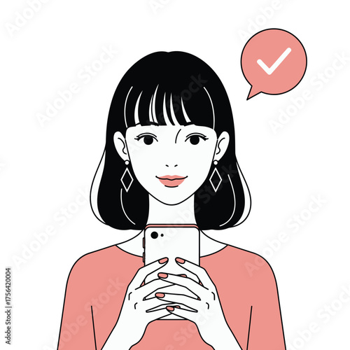 A woman with short black hair holds a smartphone, a speech bubble with a checkmark above her head indicates a successful action.