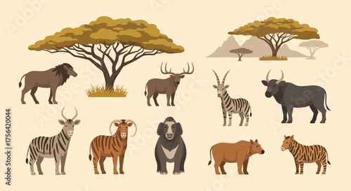 Savanna fauna lion deer antelope buffalo zebra cow rhino trees and mountains are displayed