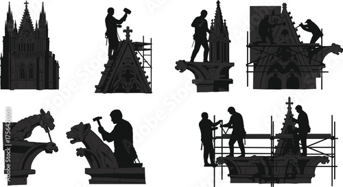 Silhouette of workers restoring gothic cathedral architecture with chisels and scaffolding, stone carving gargoyles and ornate spire restoration art