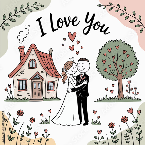 Eternal bond of I love you: a couple on their wedding day, symbolizing commitment. Hearts float around a tree with heart-shaped leaves near the cozy house