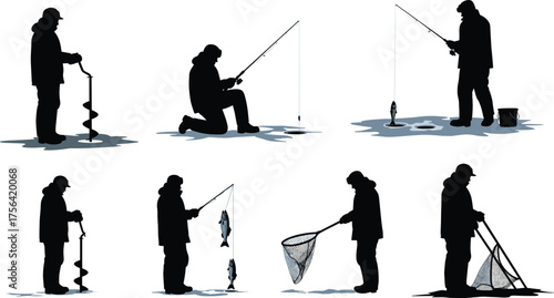 Silhouette of people ice fishing on frozen lake with fishing rod, drill, and net, winter outdoor recreation and adventure concept