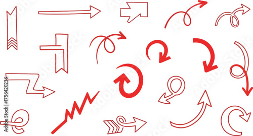 Collection of hand drawn red arrows and symbols indicating direction and movement on white background