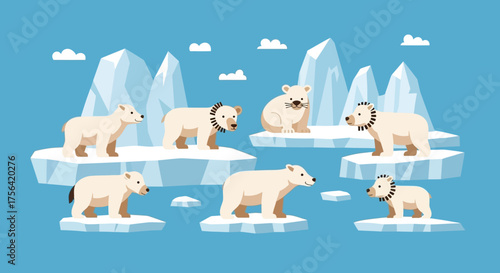 Seven cartoon polar bears on ice floes in a blue Arctic landscape with icebergs