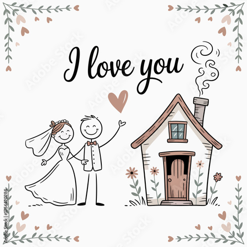 Wedding illustration : A touching sketch of a happy couple on their wedding day with a message. it symbolizes love, commitment, and the beginning of a shared journey.