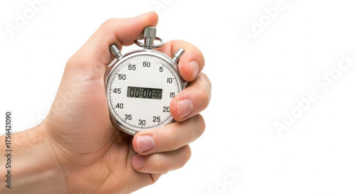 Close up of a hand holding a stopwatch isolated on white