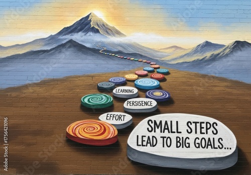 Small steps lead to big goals with mountain in background and stones with words