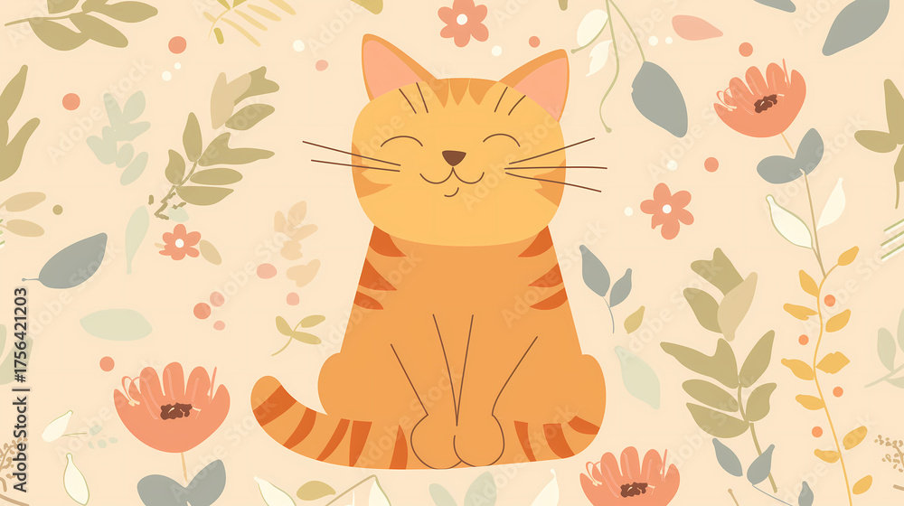 Fototapeta premium Flat Design Ginger Cat and Soft Floral Pattern