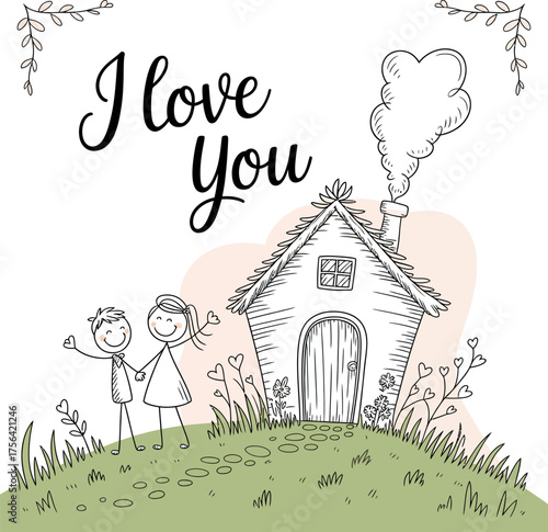 Love's Cozy Abode: A tender display of affection unfolds as a couple stands before a charming home, an idyllic illustration of love and belonging.