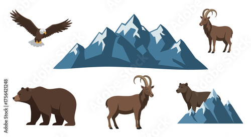 Vector wildlife scene eagle mountains ibex bear
